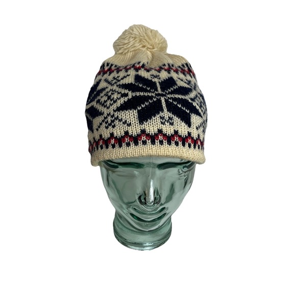 Vintage DALE OF NORWAY Wool Beanie Fair Isle Knit Winter Hat Ski Ivory Blue - Picture 1 of 8